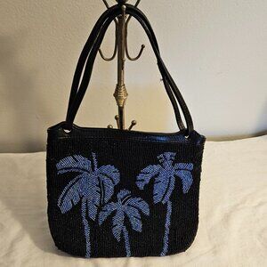VINTAGE Tommy Bahama Black with Blue Palm Tree Beaded Handbag